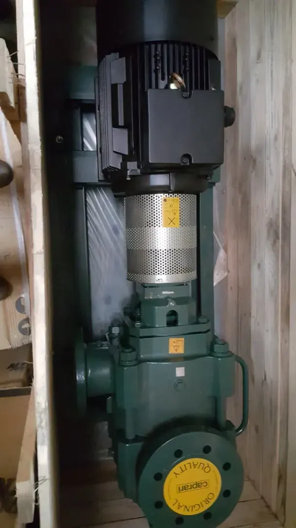 Caprari vertical in-line pump in its shipping crate
